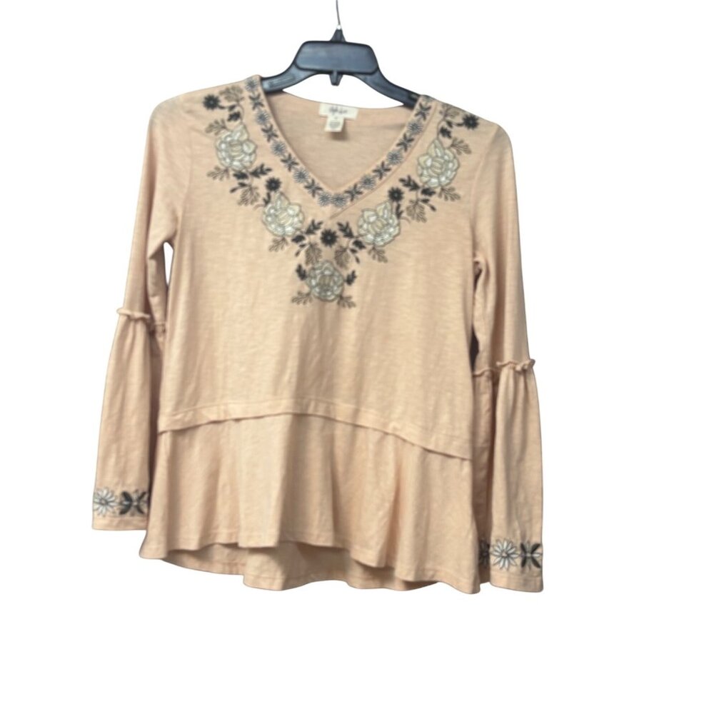 Style & Co Womens Embroidered Bell Sleeve Top, Blush, Sz. M